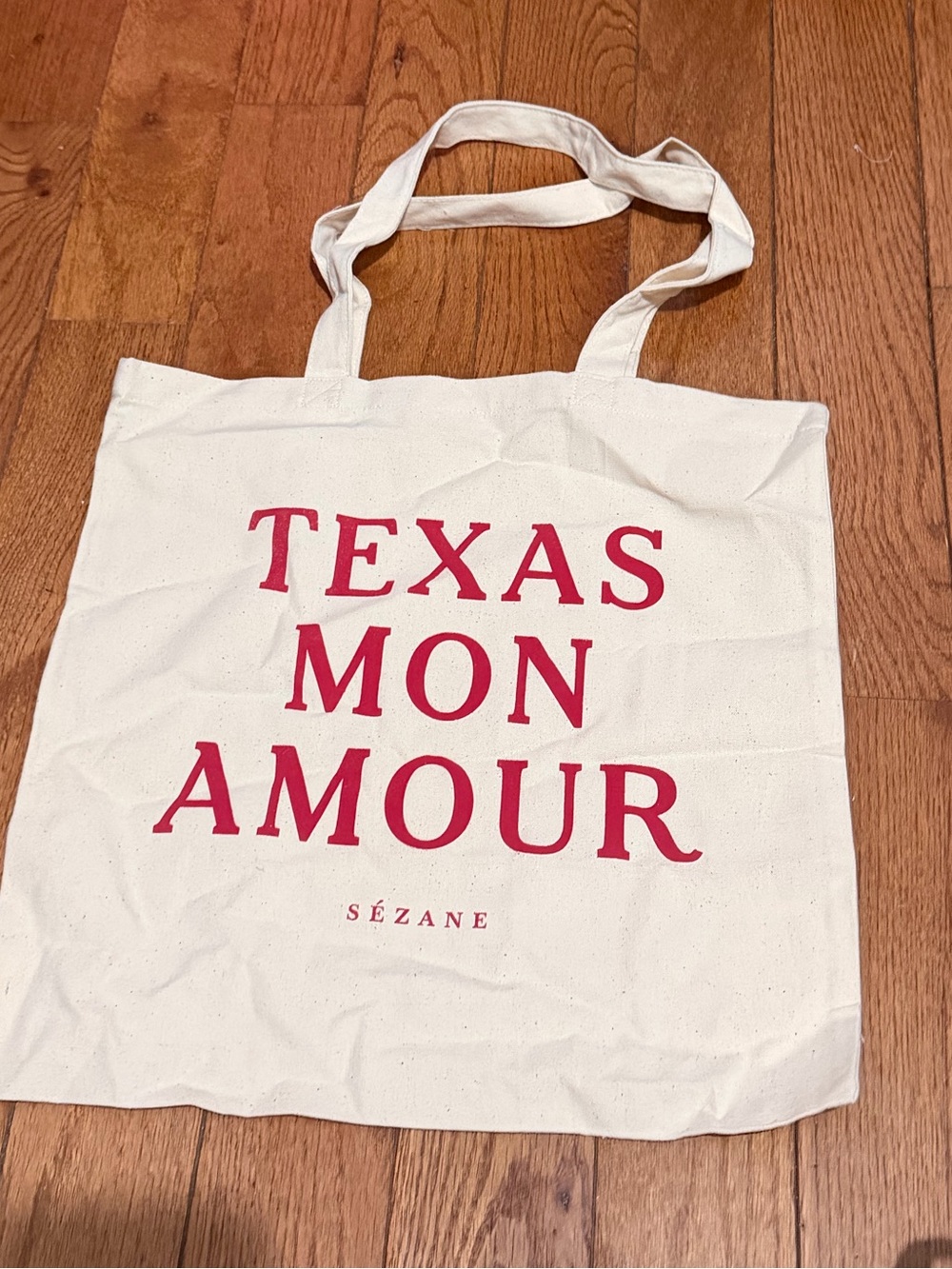 Sezane Cream Canvas Tote with Red Text